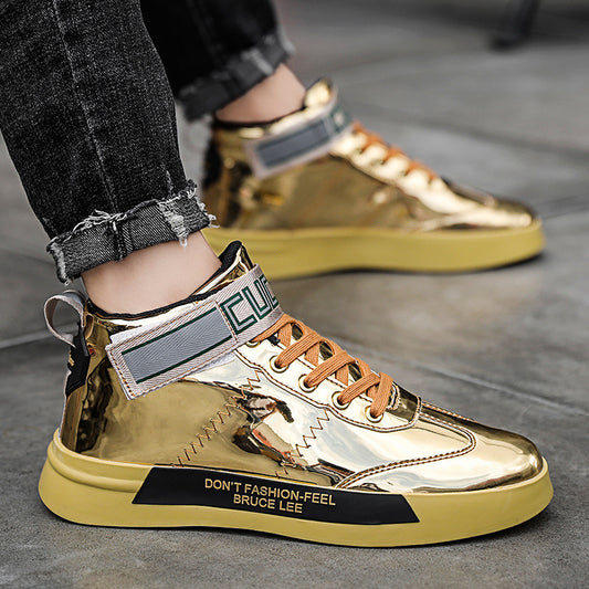 Men'S Patent Leather Shiny High-Top Shoes Korean Mirror Panel Shoes Tyrant