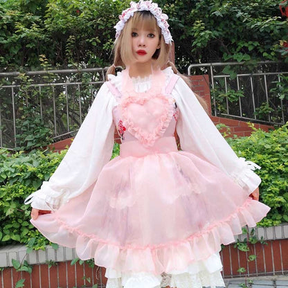 Glass Gauze Skirt Overalls Lolita Heart-Shaped Apron Soft Girl Transparent Fluffy Gauze Skirt Net Yarn