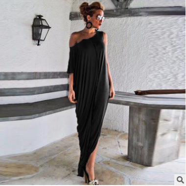 Maxi Round Neck Short Sleeve Loose Stitching Fashion Dress Long Skirt