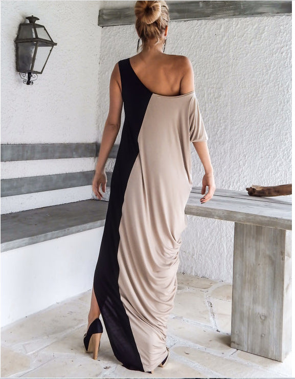 Maxi Round Neck Short Sleeve Loose Stitching Fashion Dress Long Skirt