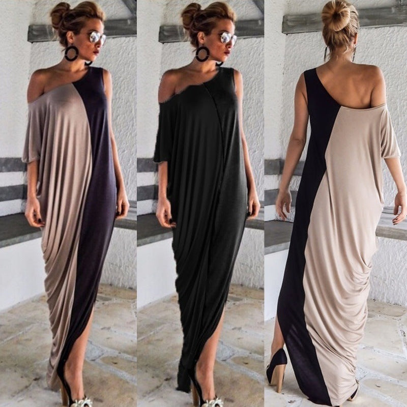 Maxi Round Neck Short Sleeve Loose Stitching Fashion Dress Long Skirt