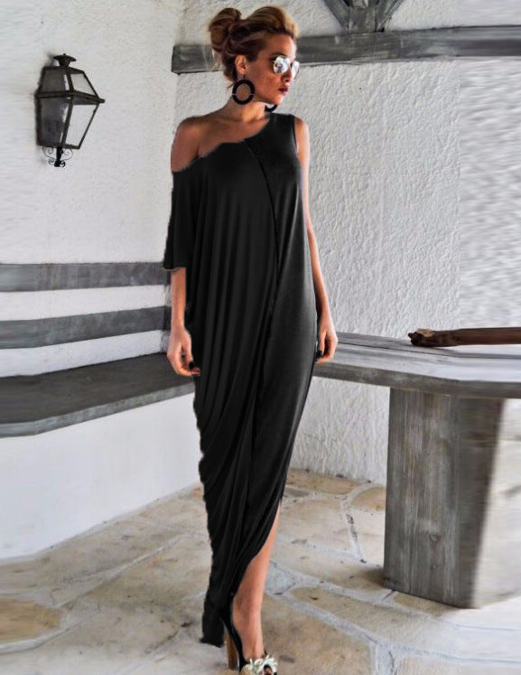 Maxi Round Neck Short Sleeve Loose Stitching Fashion Dress Long Skirt