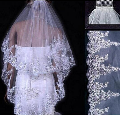 Bridal Sequined Polyester Veil Face Cover Two Layers Lace Sideband