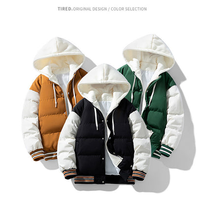 Thickened Down Cotton Jacket With Hood And Two Fake Pieces