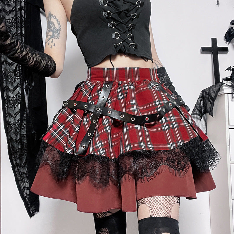 Saibo Punk Goth Lace Stitching A- Line Bubble Y2g With Plaid Hot Girl Skirt