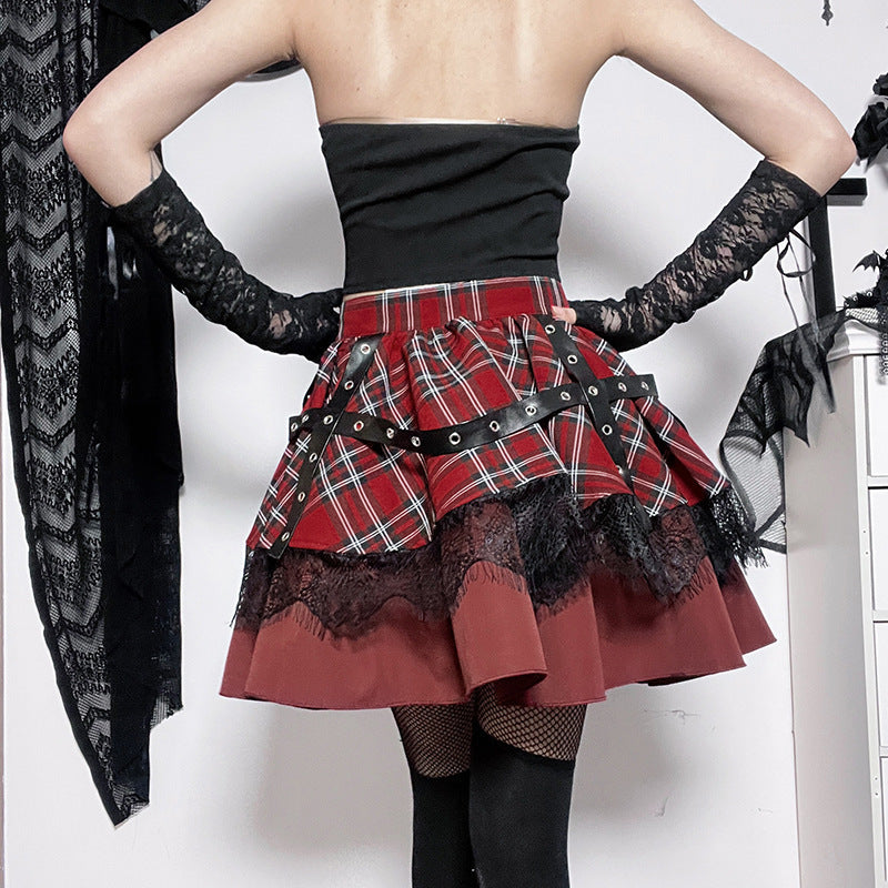 Saibo Punk Goth Lace Stitching A- Line Bubble Y2g With Plaid Hot Girl Skirt