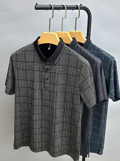 Summer Thin Section Traceless Shirt Collar Plaid Printed Clothing For Middle-aged Dad Half Sleeve Polo Shirt