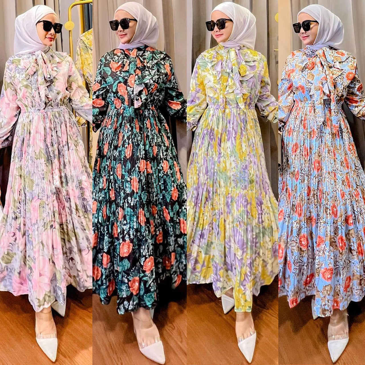 Muslim Malay Indonesian Ruffled Printed Dress