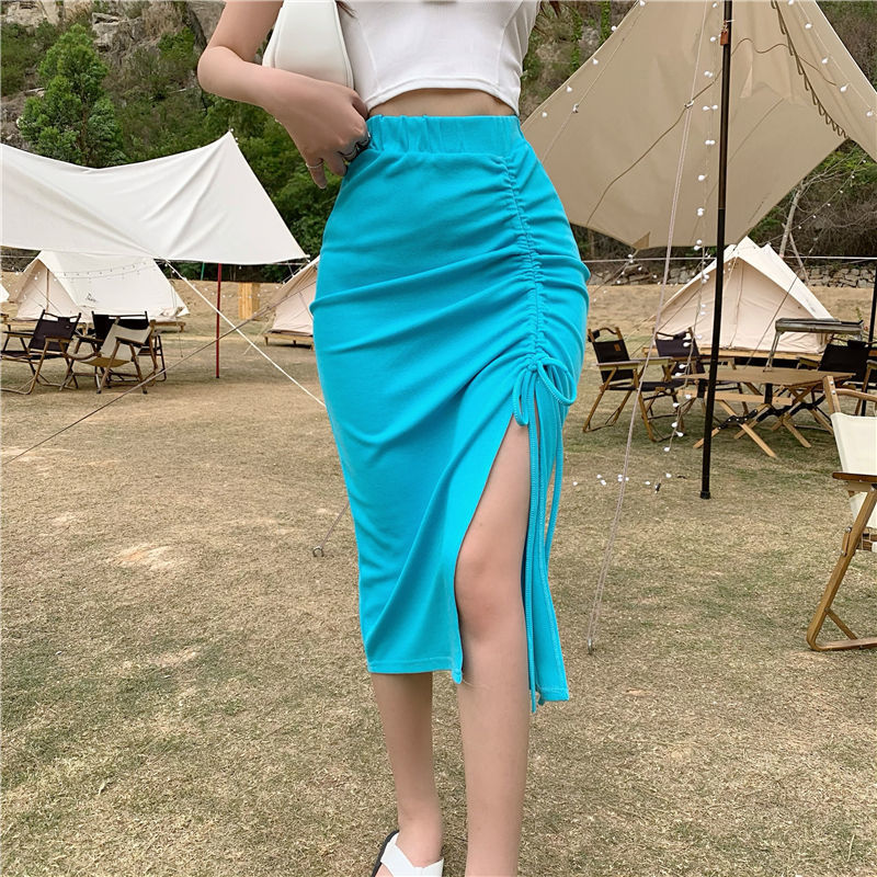 High Waist Slit Skirt Women's Irregular Mid-length Skirt Drawstring Ruffle Hip Skirt