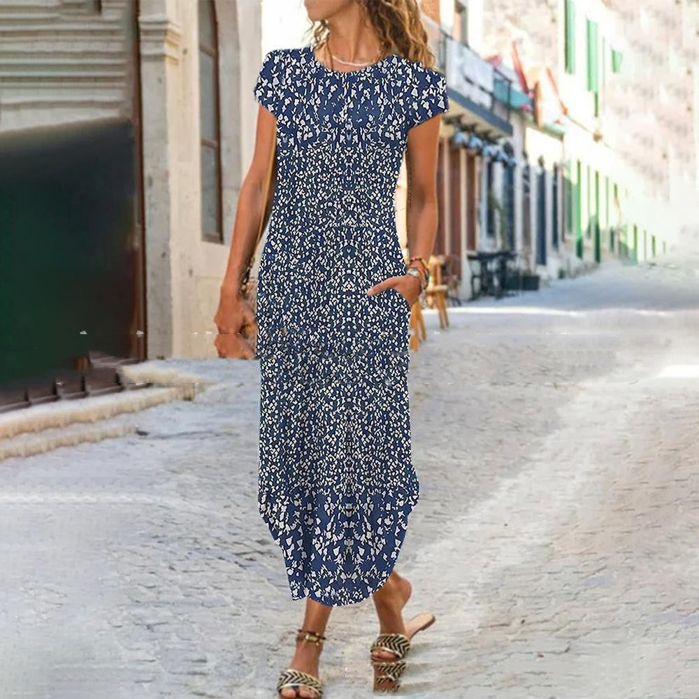 Short Sleeve Round Neck Printed Long Dress