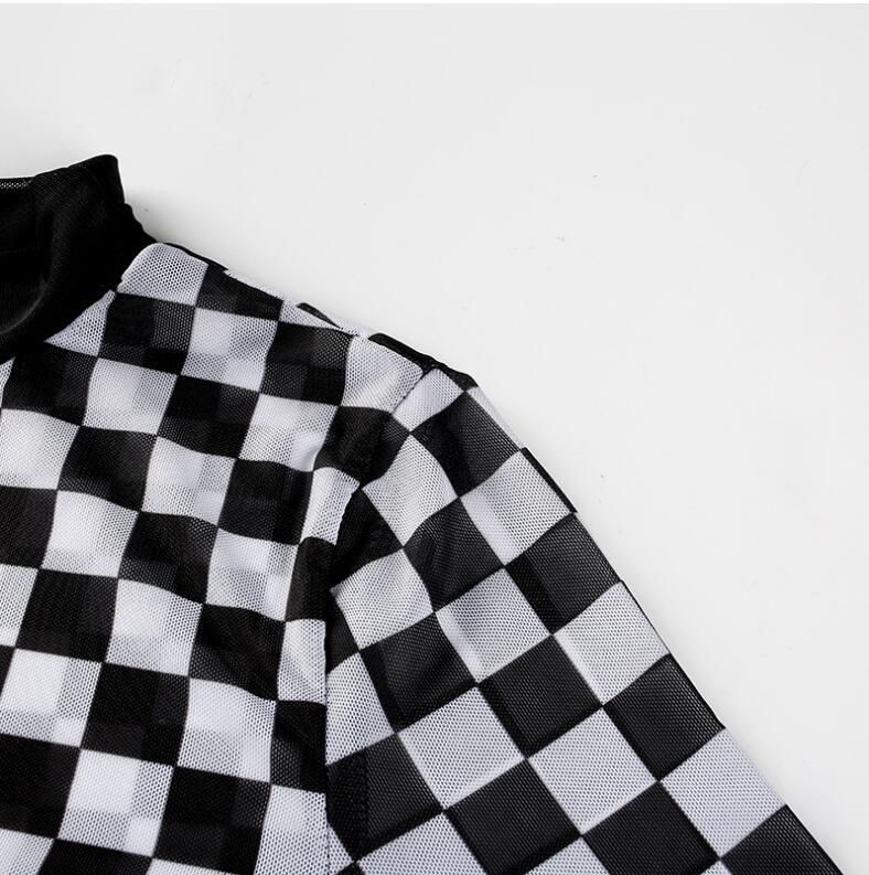 eBay2021 spring and summer explosions women's T-shirts Europe and the United States new trend mesh checkerboard perspective long-sleeved shirt women