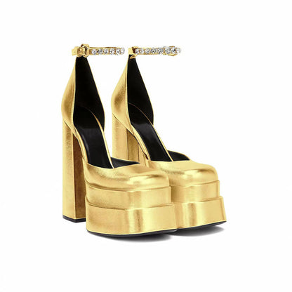 Golden Square Head Hollow Waterproof Platform Buckled Chunky Heel Super High Heel