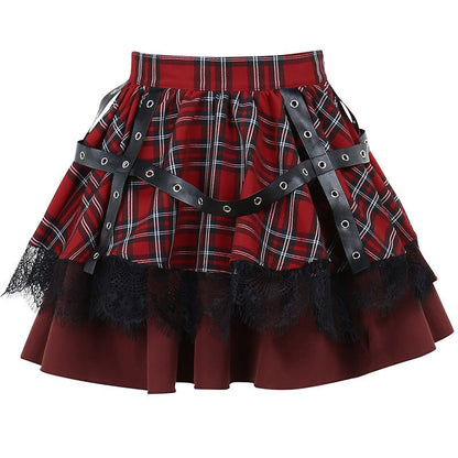 Saibo Punk Goth Lace Stitching A- Line Bubble Y2g With Plaid Hot Girl Skirt