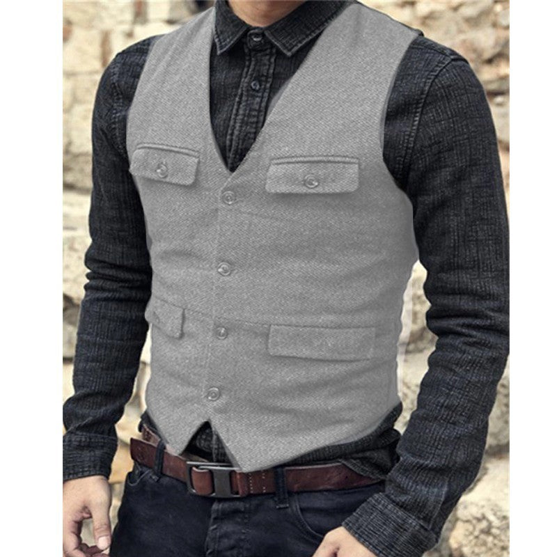 European And American Men's Vest Casual Solid Color Herringbone Vest