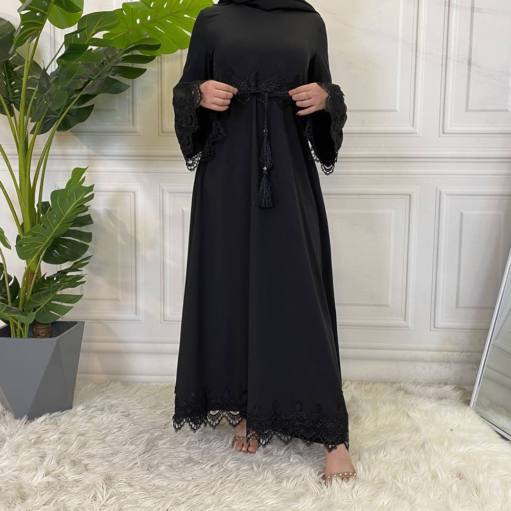 Muslim Fashion Women's Lace Splice Lace Up Dress