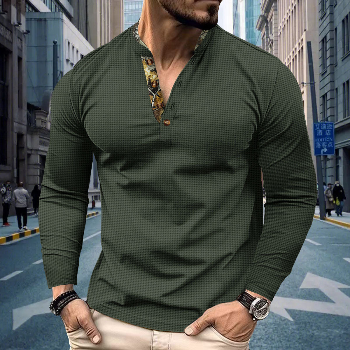 Men's Polo Shirt Double-layer Stand Collar Long Sleeve