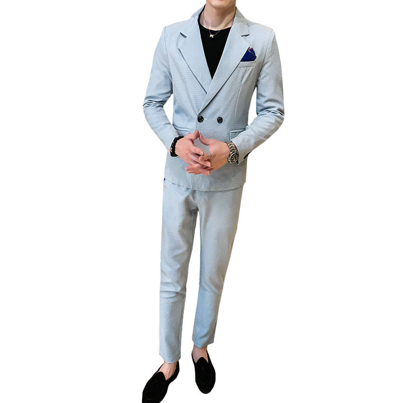 Korean-style Slim-fit Solid Color Double-breasted Two-piece Suit