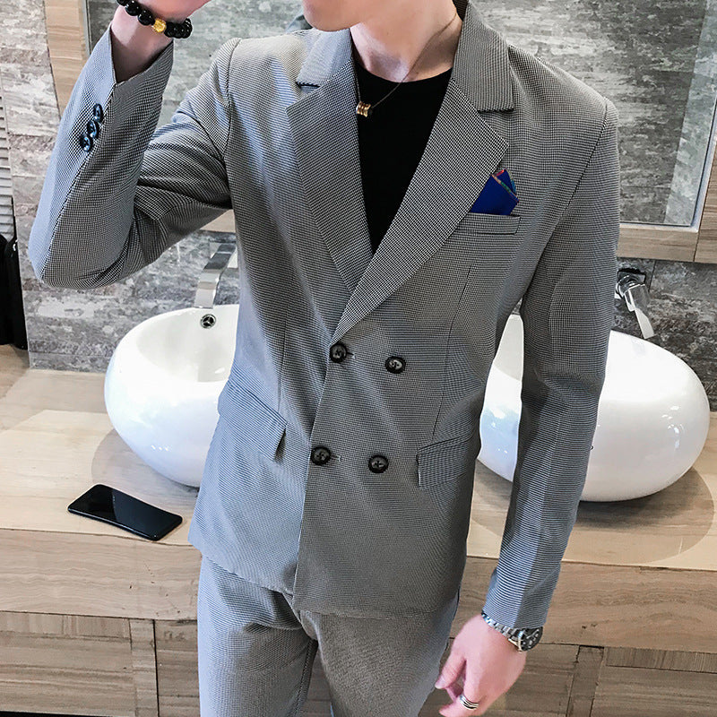 Korean-style Slim-fit Solid Color Double-breasted Two-piece Suit