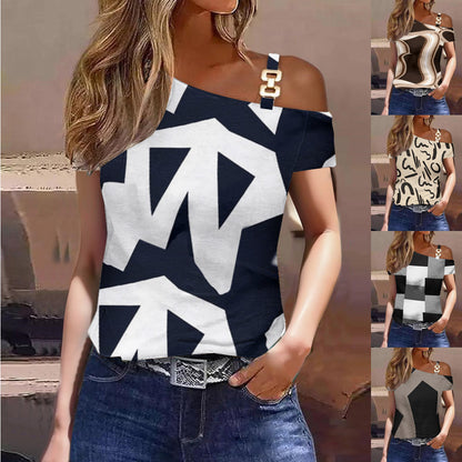 Women's Summer Simplicity Short-sleeved Metal Buckle Printed T-shirt