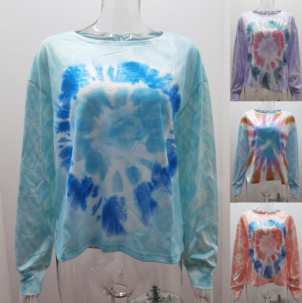 Tie-dyed Printed Round Neck Long Sleeve Sweater