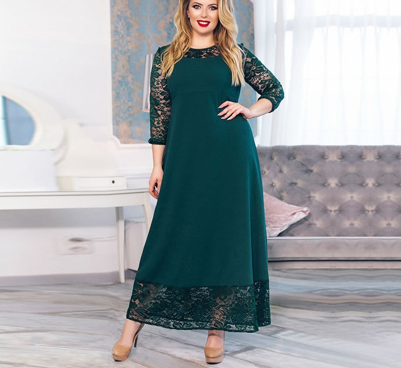 Large Lace Stitching Round Neck Long Sleeve Long Dress