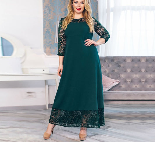 Large Lace Stitching Round Neck Long Sleeve Long Dress