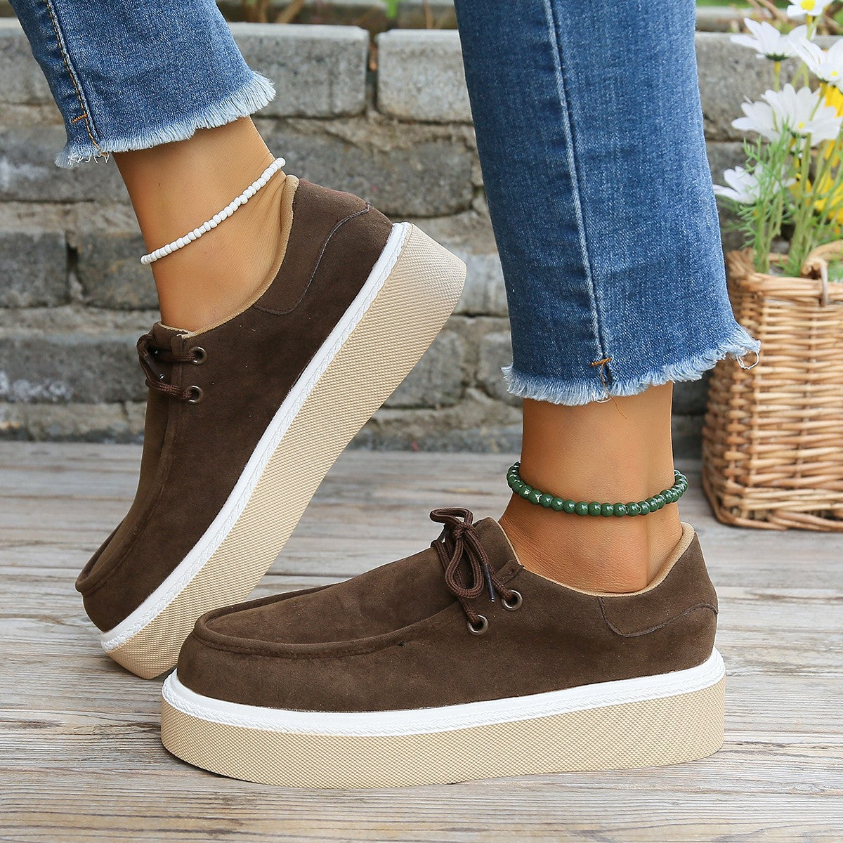 Women's Fashionable Retro Round Toe Lace-up Platform Board Shoes