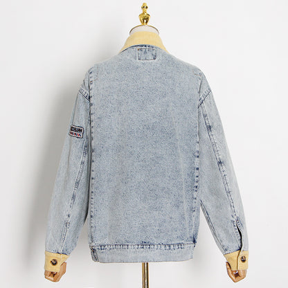 Fashion Elegance Retro Lapel Single Breasted Design Color Contrast Patchwork Loose Denim Jacket