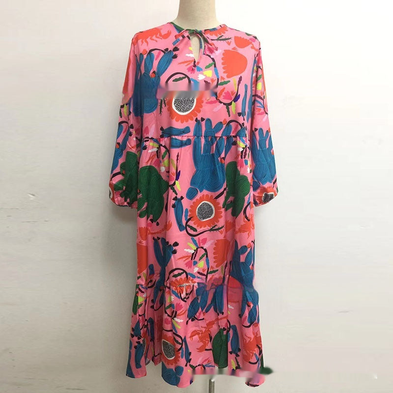 Loose Printed Long-sleeve Round-collar Dress