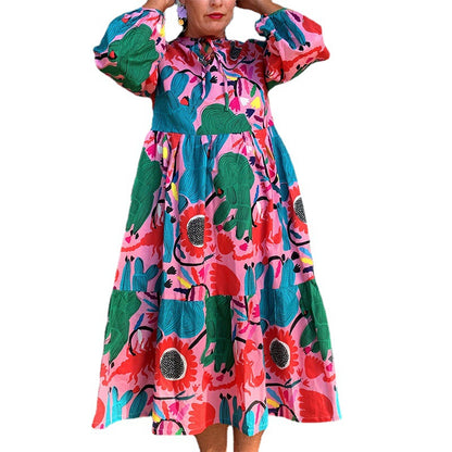 Loose Printed Long-sleeve Round-collar Dress