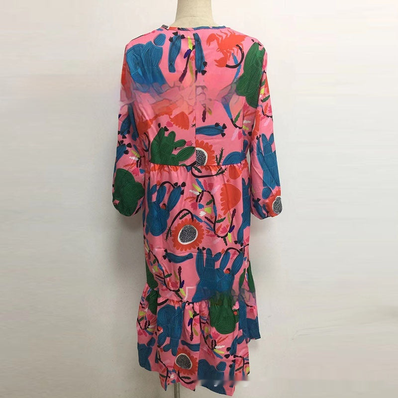 Loose Printed Long-sleeve Round-collar Dress