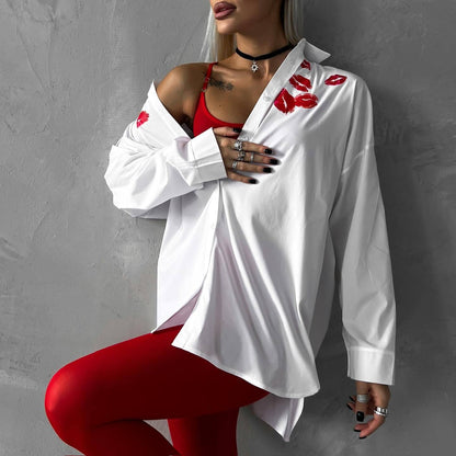 Women's Fashion Red Lips Printed White Shirt