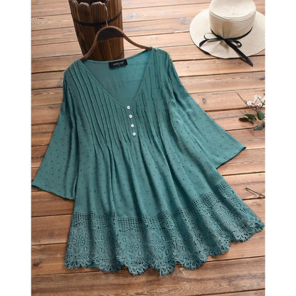 Women's Jacquard Pleated Lace Hollow Out V-neck Shirt