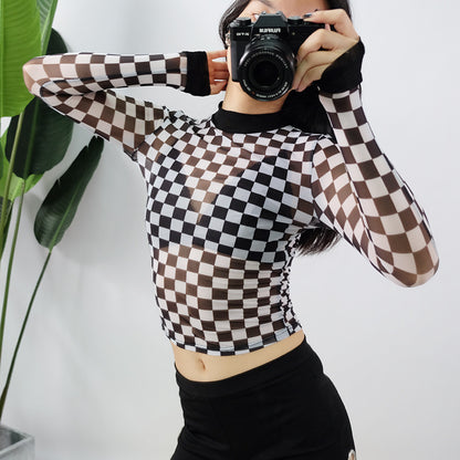 eBay2021 spring and summer explosions women's T-shirts Europe and the United States new trend mesh checkerboard perspective long-sleeved shirt women