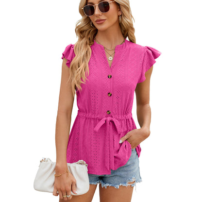 Solid Color Buttons Lace-up Loose T-shirt Cardigan