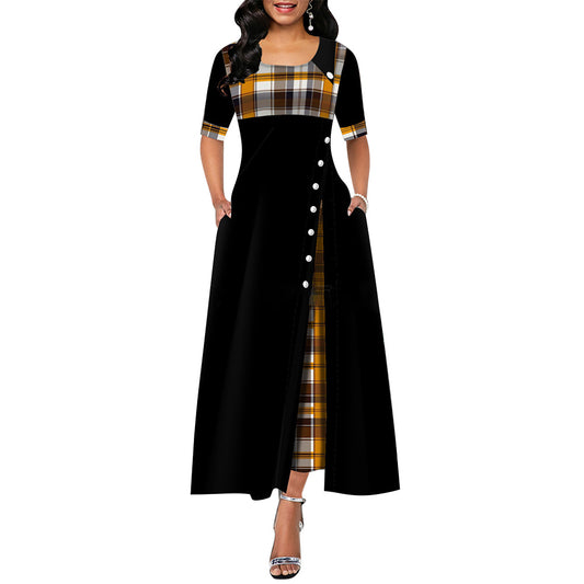 Round Collar Contrast Irregular Long Sleeve Dress