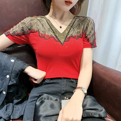 Hot Rhinestone T-shirt Short Sleeve T-shirt Women's Top