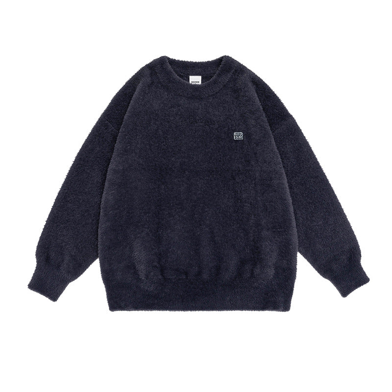 Retro Solid Color Mohair Round Neck Pullover Plush Knitted Sweater Men