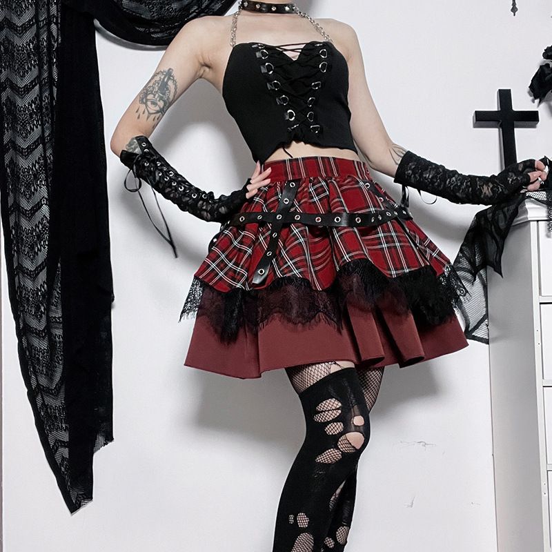 Saibo Punk Goth Lace Stitching A- Line Bubble Y2g With Plaid Hot Girl Skirt