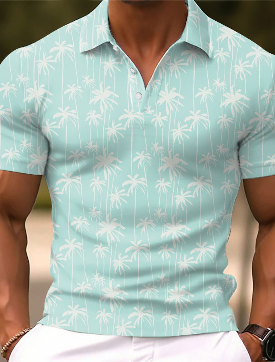 Men's Fashion Personality Coconut Tree Graphic Printing Lapel Short Sleeve