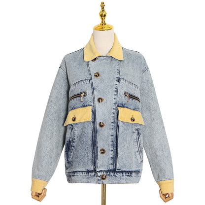 Fashion Elegance Retro Lapel Single Breasted Design Color Contrast Patchwork Loose Denim Jacket