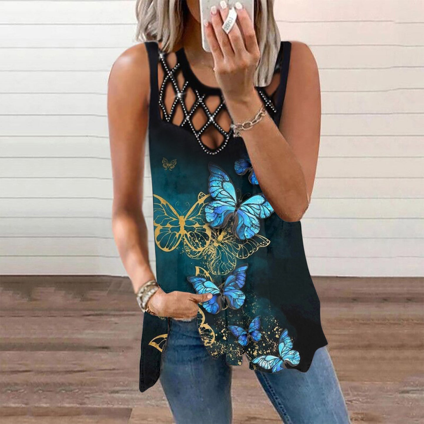 Women's Hollowed Out Hot Drilled Sleeveless Vest Print Tshirt