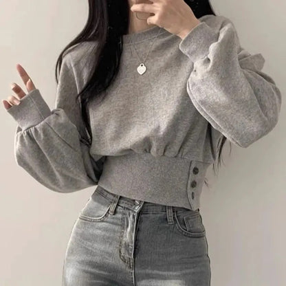 Autumn Crew Neck Button Long Sleeve Short Pullover Sweatshirt Top For Women