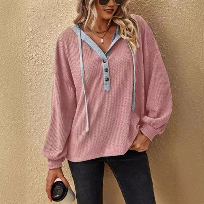 Casual Button Hooded Loose Long Sleeves Sweater For Women