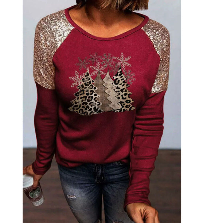 Fashion All-match Sequin Stitching Snowflake Christmas Tree Print Long-sleeved T-shirt