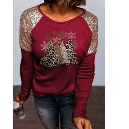 Fashion All-match Sequin Stitching Snowflake Christmas Tree Print Long-sleeved T-shirt