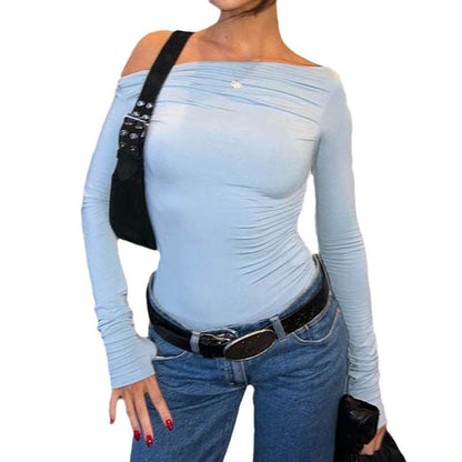 Pleated Design Cold-shoulder Long Sleeve Bottoming Irregular Slim-fit Navel Solid Color Top