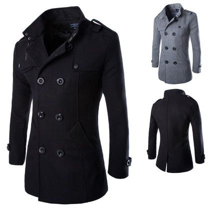 Slim-fit Men's Double-breasted Mid-length Stand Collar Woolen Coat