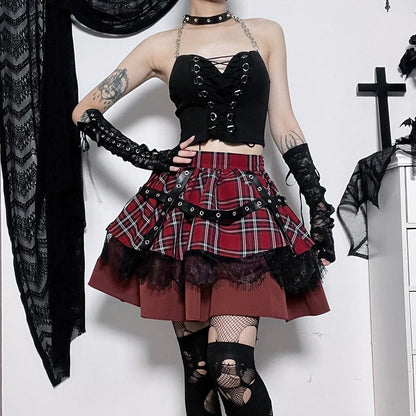 Saibo Punk Goth Lace Stitching A- Line Bubble Y2g With Plaid Hot Girl Skirt