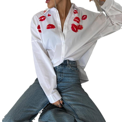 Women's Fashion Red Lips Printed White Shirt